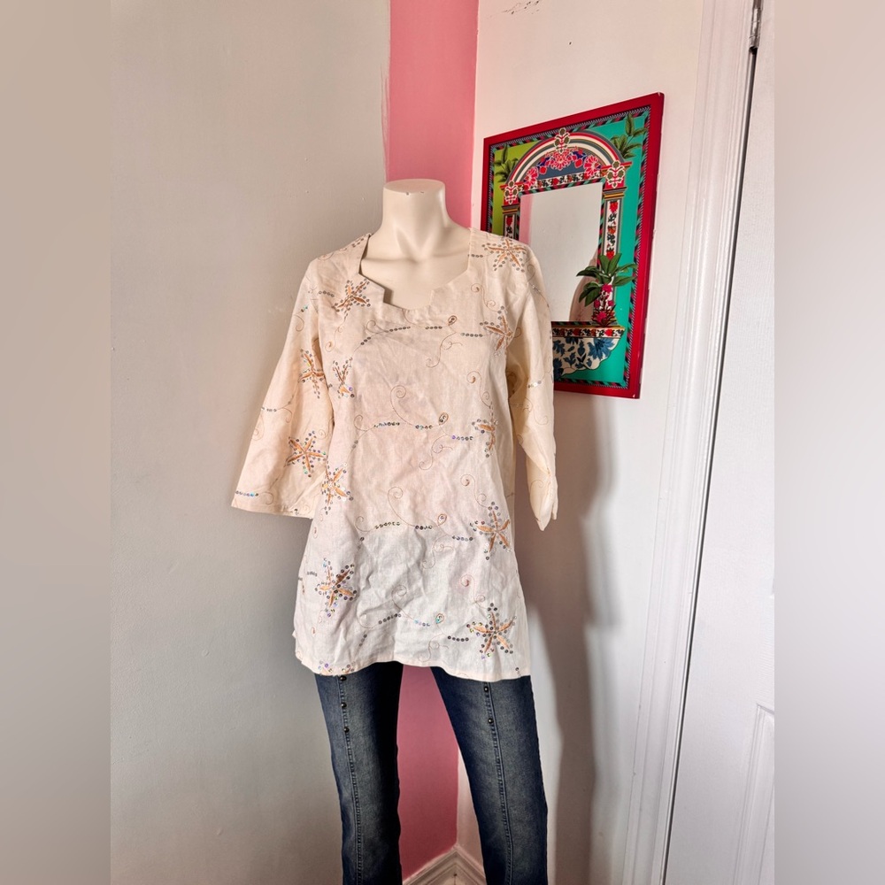 Embroidered Boho Chic Sequinned Cream Women's Summer Top